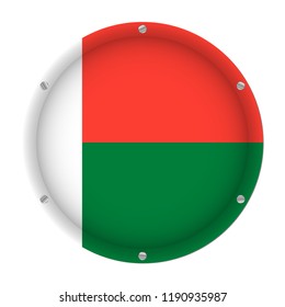 round metallic flag of Madagascar with six screws in front of a white background
