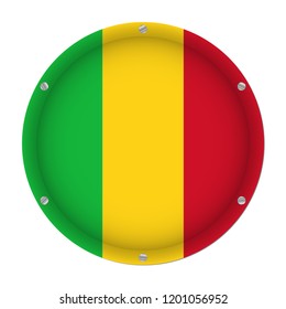 round metallic flag of Mali with six screws in front of a white background