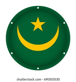 round metallic flag of Mauritania with six screw holes in front of a white background