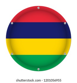 round metallic flag of Mauritius with six screws in front of a white background