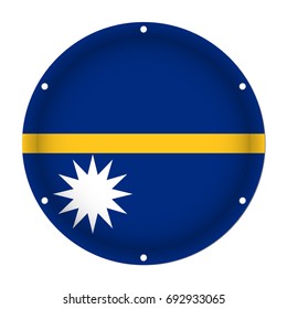 round metallic flag of Nauru with six screw holes in front of a white background
