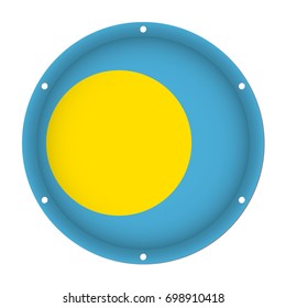 round metallic flag of Palau with six screw holes in front of a white background