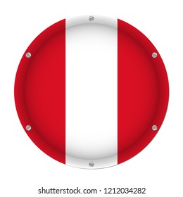 round metallic flag of Peru with six screws in front of a white background