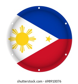 round metallic flag of Philippines with six screw holes in front of a white background