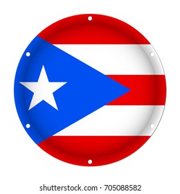 round metallic flag of Puerto Rico with six screw holes in front of a white background