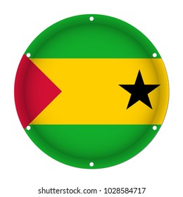round metallic flag of Sao Tome and Principe with six screw holes in front of a white background