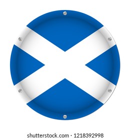 round metallic flag of Scotland with six screws in front of a white background