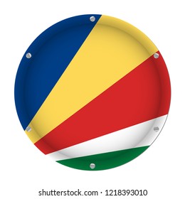 round metallic flag of Seychelles with six screws in front of a white background