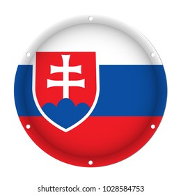 round metallic flag of Slovakia with six screw holes in front of a white background