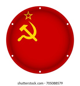 round metallic flag of Soviet Union with six screw holes in front of a white background
