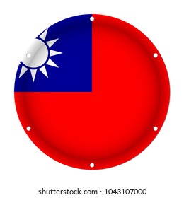round metallic flag of Taiwan with six screw holes in front of a white background