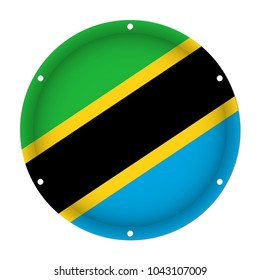 round metallic flag of Tanzania with six screw holes in front of a white background