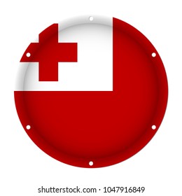 round metallic flag of Tonga with six screw holes in front of a white background