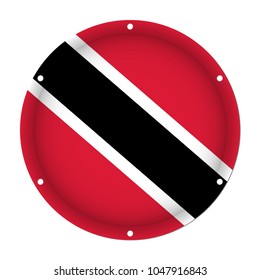 round metallic flag of Trinidad and Tobago with six screw holes in front of a white background
