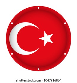round metallic flag of Turkey with six screw holes in front of a white background
