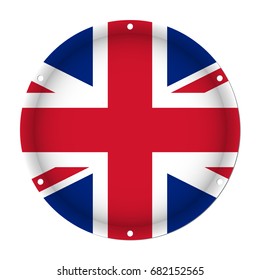 round metallic flag of United Kingdom with six screw holes in front of a white background
