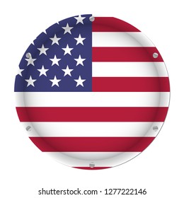 round metallic flag - United States of America with six screws in front of a white background