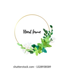 Round metallic gold frame with white flowers, eucalyptus leaves and succulent plants. Modern minimalistic vector design.