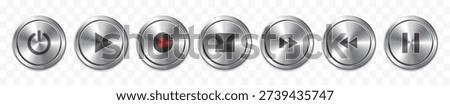 Round Metallic Media Player Buttons Set Power Play Stop Forward Backward Pause and Record Steel Control Icons Vector Illustration