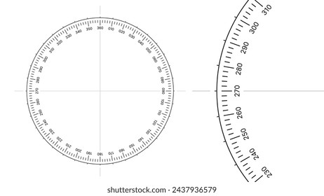 Round Meter Scale Isolated on White Background. Measuring Circle Scale in Flat Style. 360 Degrees Circular Ruler Template. Protractor Grid. Vector Illustration.