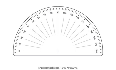 Round Meter Scale Isolated on White Background. Measuring Half Circle Scale in Flat Style. 180 Degrees Circular Ruler Template. Protractor Grid. Vector Illustration.