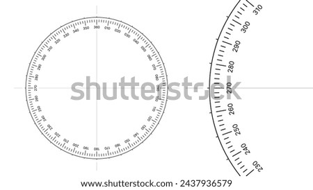 Round Meter Scale Isolated on White Background. Measuring Circle Scale in Flat Style. 360 Degrees Circular Ruler Template. Protractor Grid. Vector Illustration.