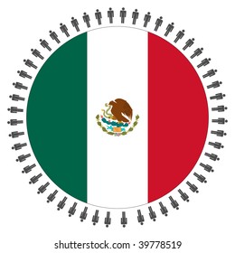 Round Mexican flag with circle of people illustration