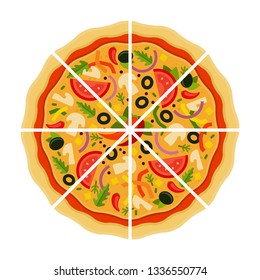 Round Mexican pizza with olives, onion, mushrooms, tomatoes, pepper and cheese cut into triangular pieces flat single icon vector isolated on white