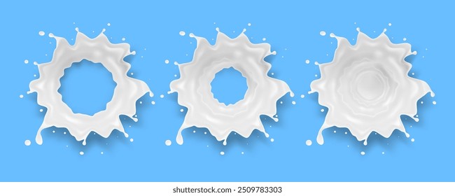 Runde Milchspritzer einzeln auf blauem Hintergrund. Draufsicht. EPS10-Vektor