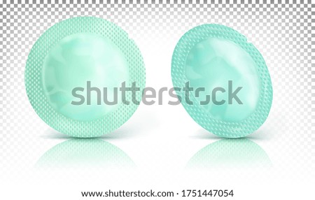 Round mini packaging in mint color. Different angles of sachets for the empty template, mock up, isolated on a transparent background.