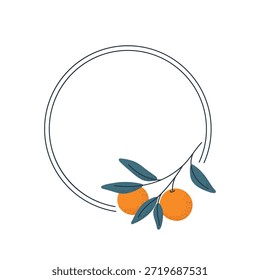 Round minimal circle frame with orange branch, elegant botanical clipart for design projects