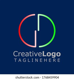 Round minimalist Vector Logo for Business with initials "GD" gradient color in red and green and Dark background.