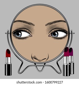 Espejo redondo con reflejo de la cara femenina y conjunto de labios. Ilustración del vector