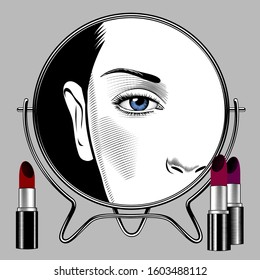 Round mirror with female face reflection and set of lipsticks. Portrait beautiful woman. Vector illustration.