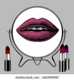 Espejo redondo con reflejo de la cara femenina y conjunto de labios. Los labios femeninos con diferentes colores de labios. Ilustración vectorial.