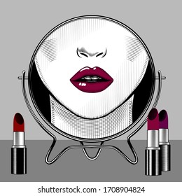 Espejo redondo con reflejo de cara femenina y conjunto de clípticos. Ilustración vectorial.
