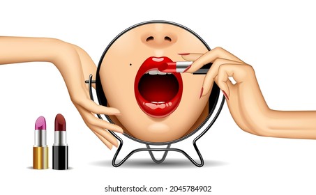 Round mirror with a female open mouth with glossy lips reflection and woman's hands with lipsticks isolated on white. Vector illustration
