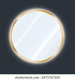 Round mirror in a gold frame with LED lighting. Reflective glass plate. 3d vector illustration  isolated on dark background.