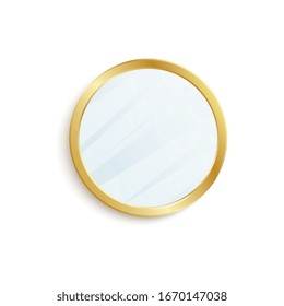 Round mirror with golden circle frame isolated on white background - interior decoration element with yellow gold border and realistic glossy glass surface - vector illustration.