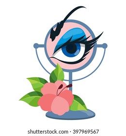 Round mirror with a large female eye and a flower. Illustration for design on the make up and beauty.