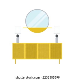Espejo redondo e Ilustración plana de estantería minimalista. Limpiar elemento de diseño de iconos en fondo blanco aislado