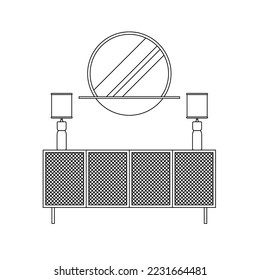 Round Mirror and Minimalist Shelf Outline Icon Illustration on White Background