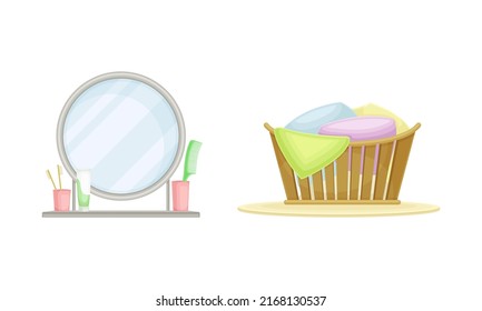 Round Mirror with Shelf and Basket with Dirty Laundry as Bathroom Accessory Vector Illustration Set