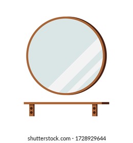 Round mirror with shelf isolated on white background. Wooden frame circle mirror - interior design element. Flat catroon style vector illustration.