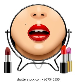 Round mirror with woman's glossy lips reflection and set of lipsticks isolated on white. Vector illustration