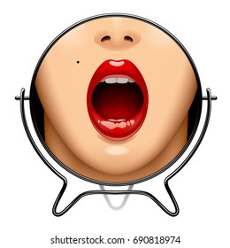 Round mirror with woman's red open mouth reflection isolated on white. Vector illustration