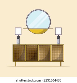 Round Mirror and Wooden Shelf Minimalist Interior Vector Illustration. Interior. Modern. Flat Cartoon Style Suitable for Web Landing Page, Banner, Flyer, Sticker, Card, Background
