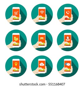 Round Mobile Icons Set with hand holding smartphone