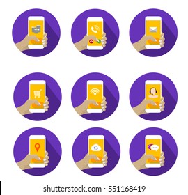 Round Mobile Icons Set with hand holding smartphone