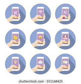 Round Mobile Icons Set with hand holding smartphone